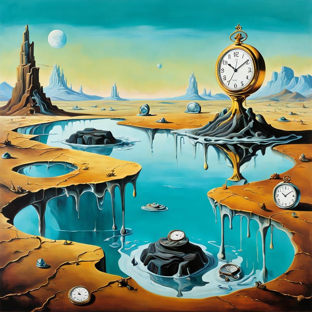 Surrealist Masterpiece with Melting Timepieces and Distorted...