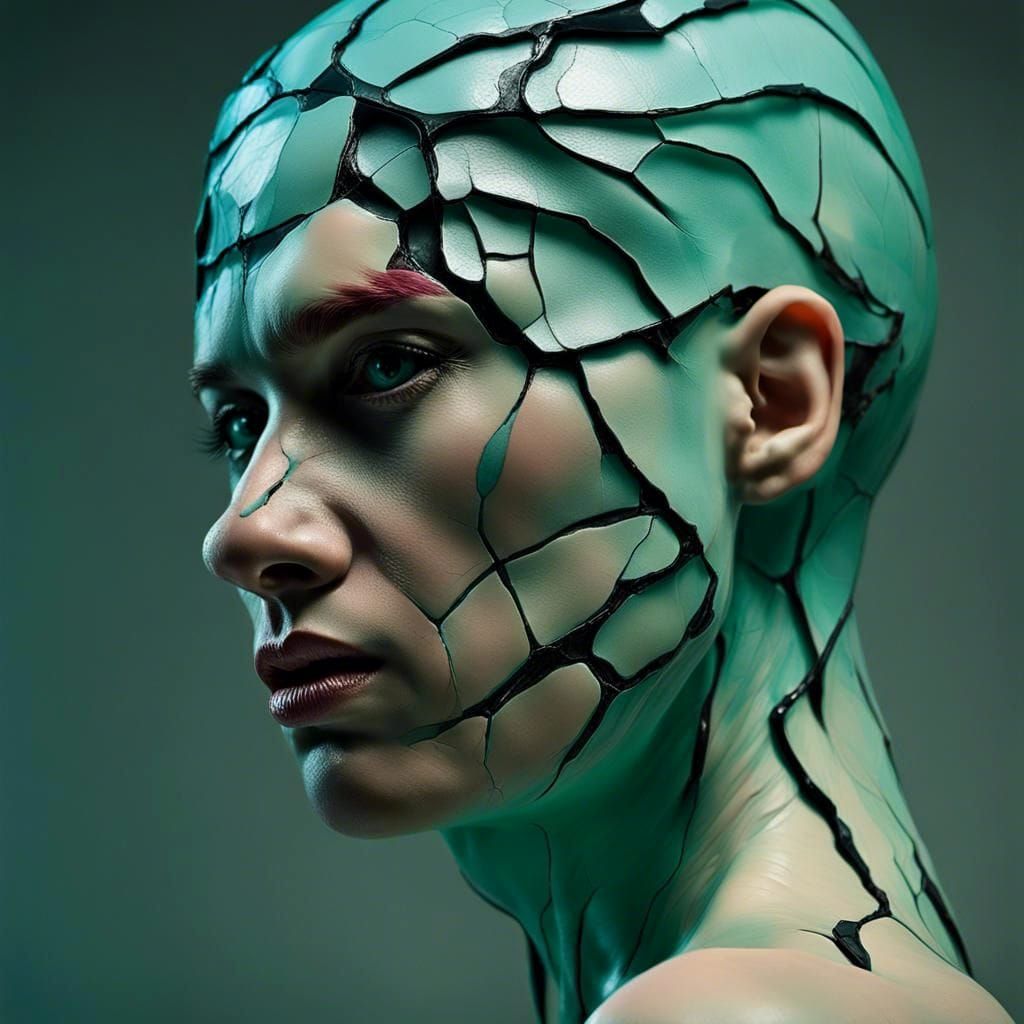 Cyberpunk Android Portrait in Cracked Ceramic Style