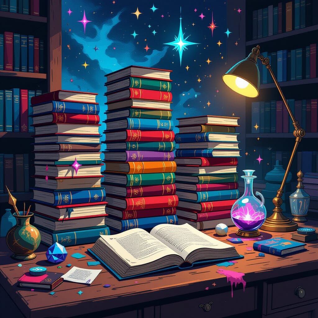 Magician's Desk with Mystical Artifacts in Digital Art Style
