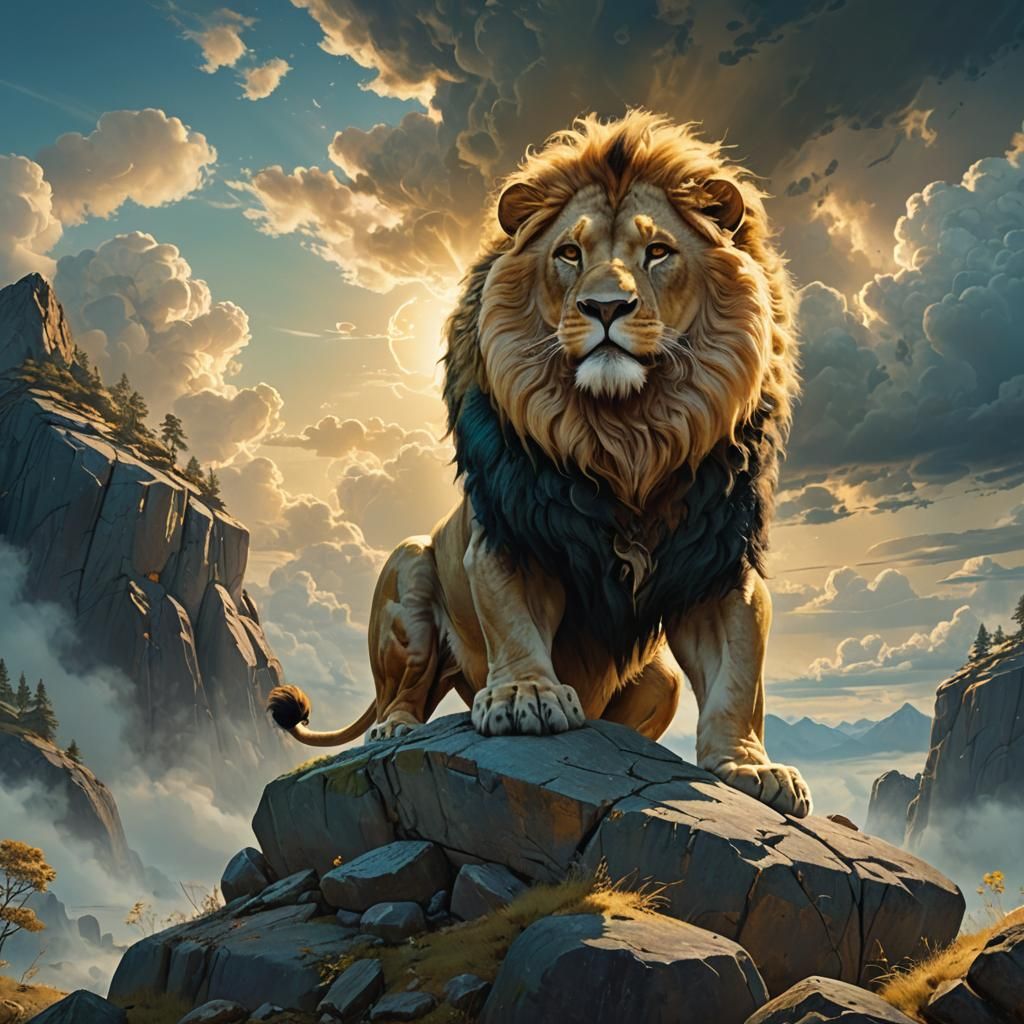 Golden Lion in Fantasy Landscape: Matte Painting