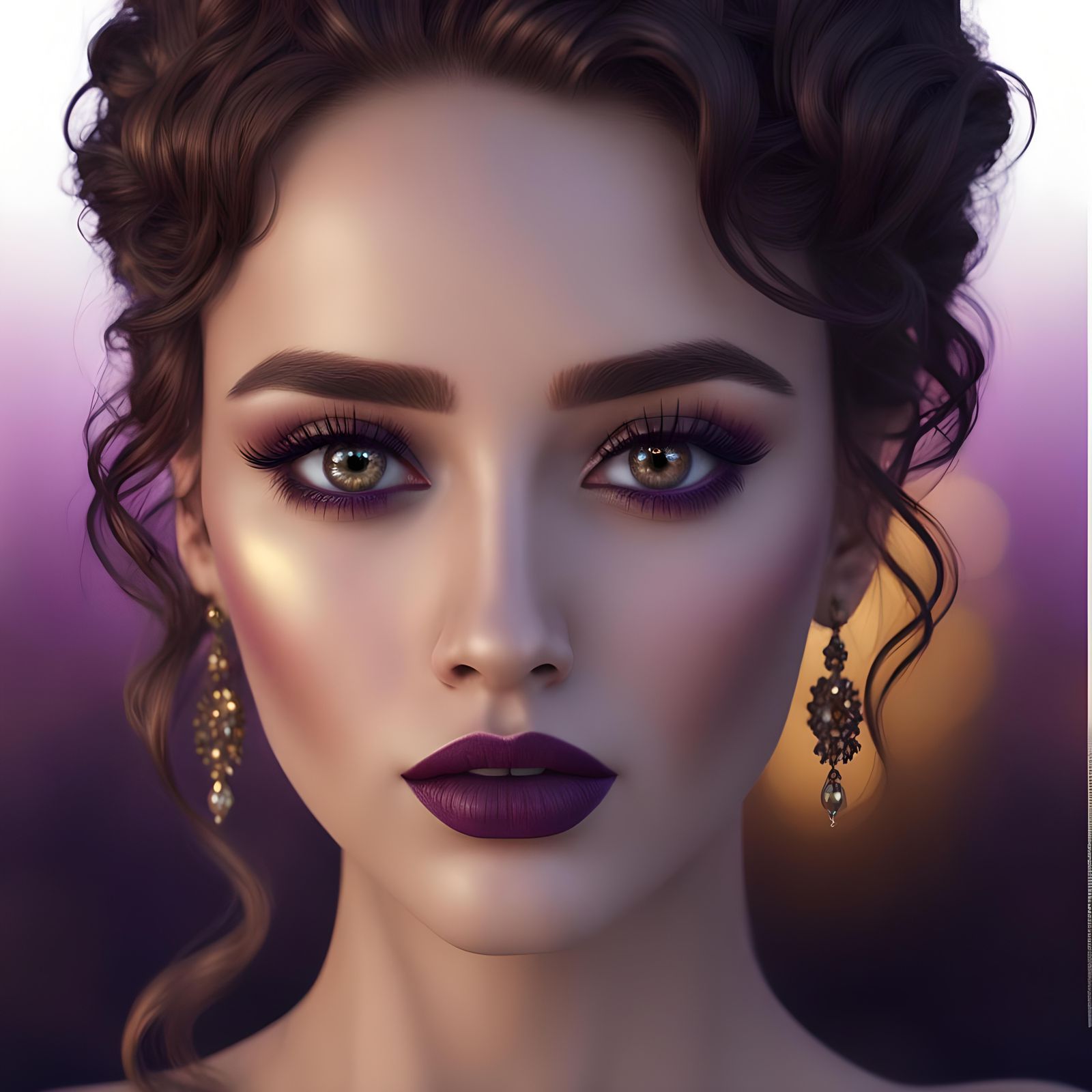 Beautiful young lady with curly dark brown hair and Amber ey...