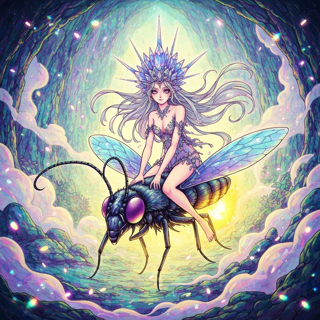 Ethereal Fairy Rides Firefly in Psychedelic Grotto