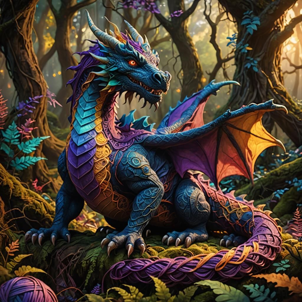 Yarn Dragon in Mystical Forest: Digital Art