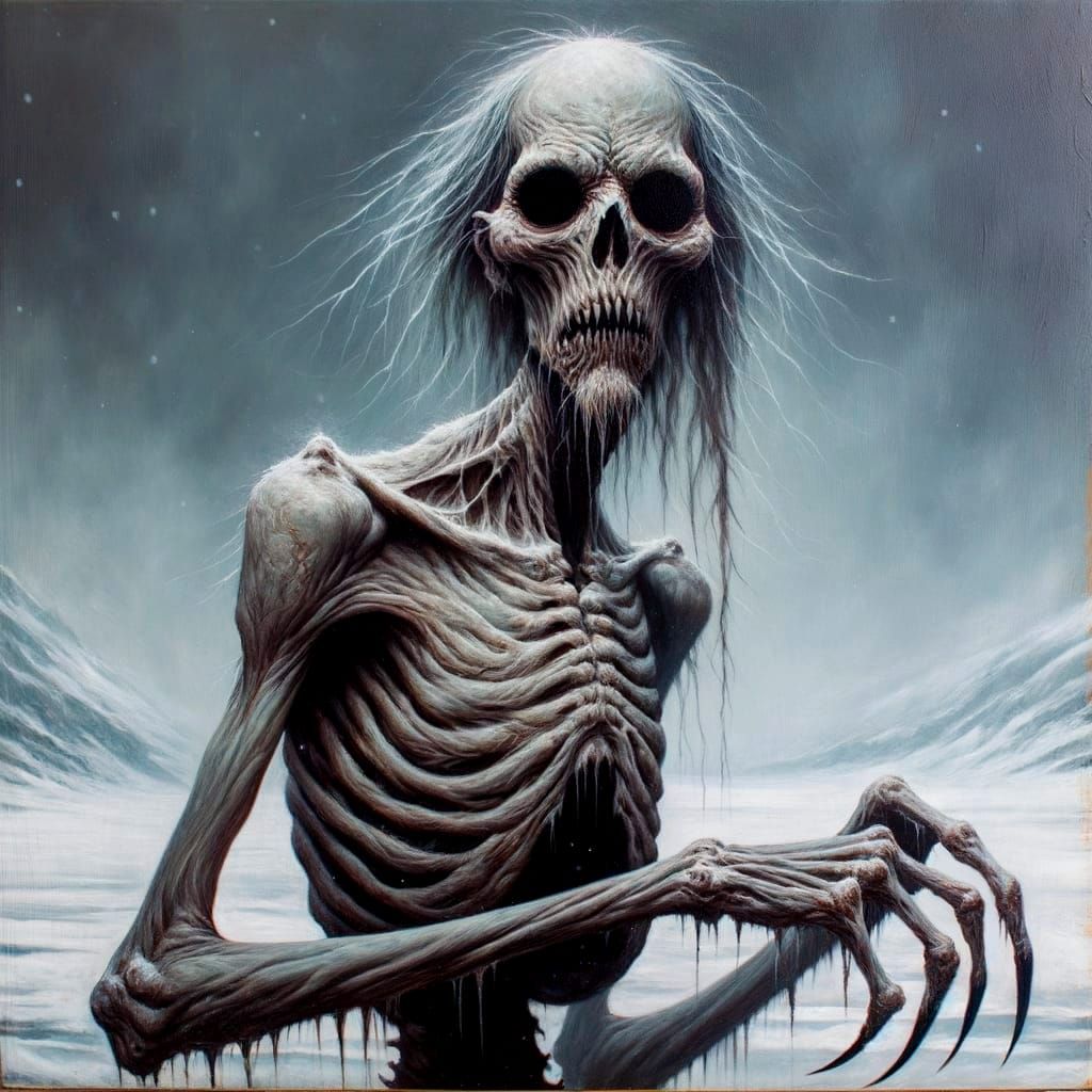 Emaciated Wendigo in Desolate Winter Landscape Painting