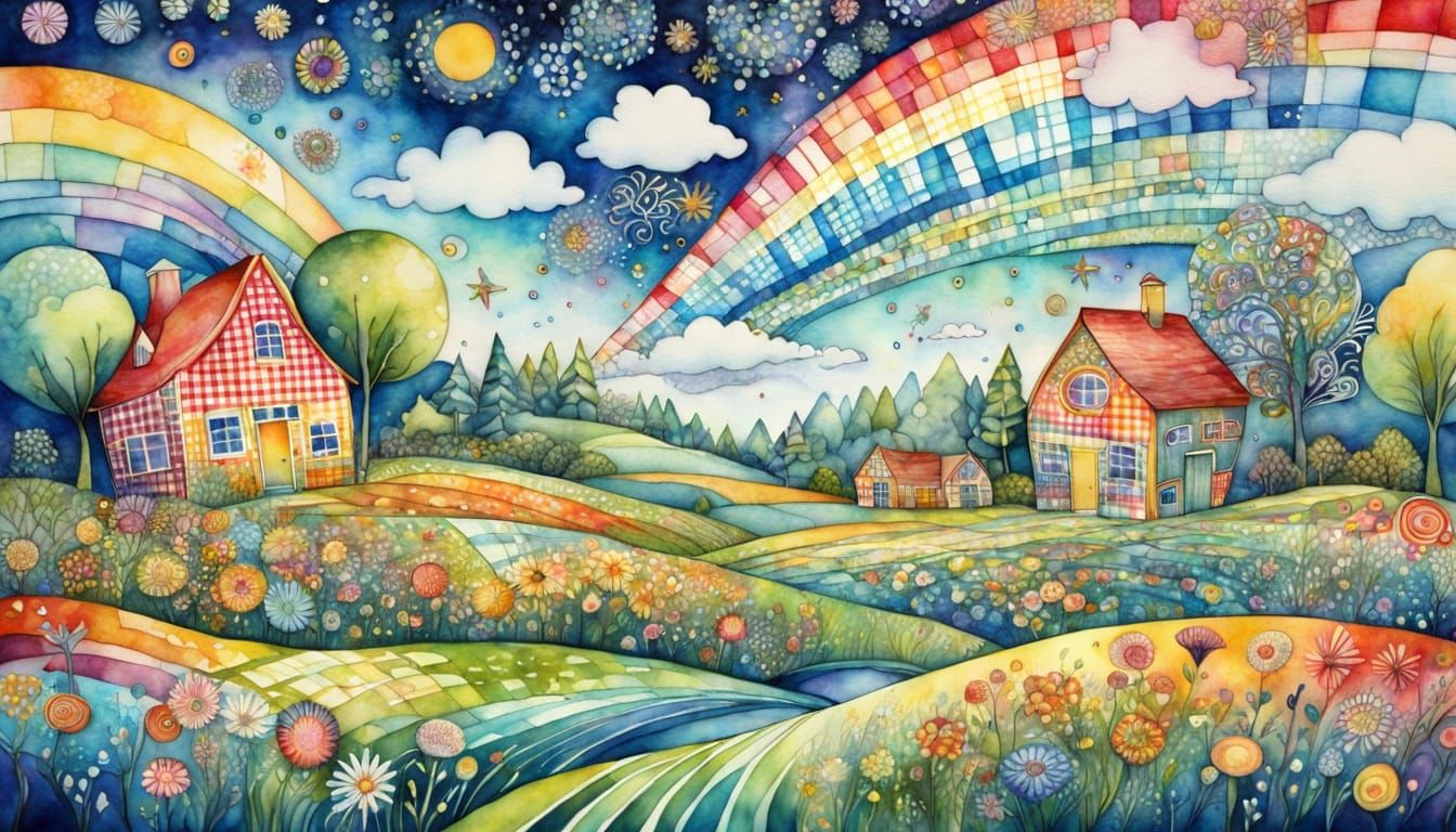 A dreamy landscape where the sky or ground is made of gingha...