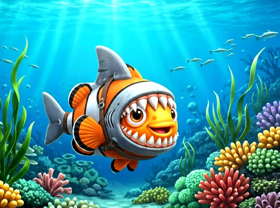 Cute Chibi Clownfish With Scary Shark Teeth Mask