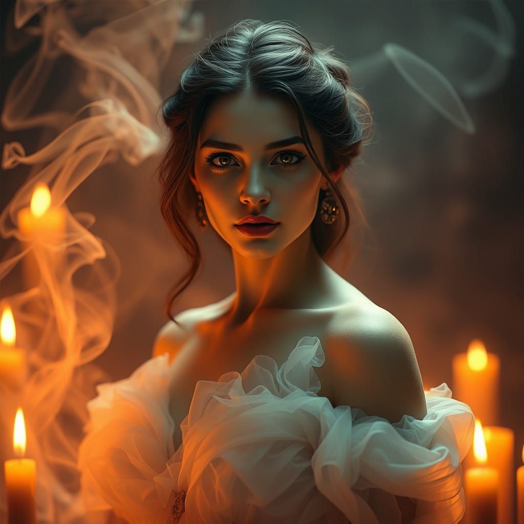 Ethereal Woman in Candlelit Fantasy Landscape