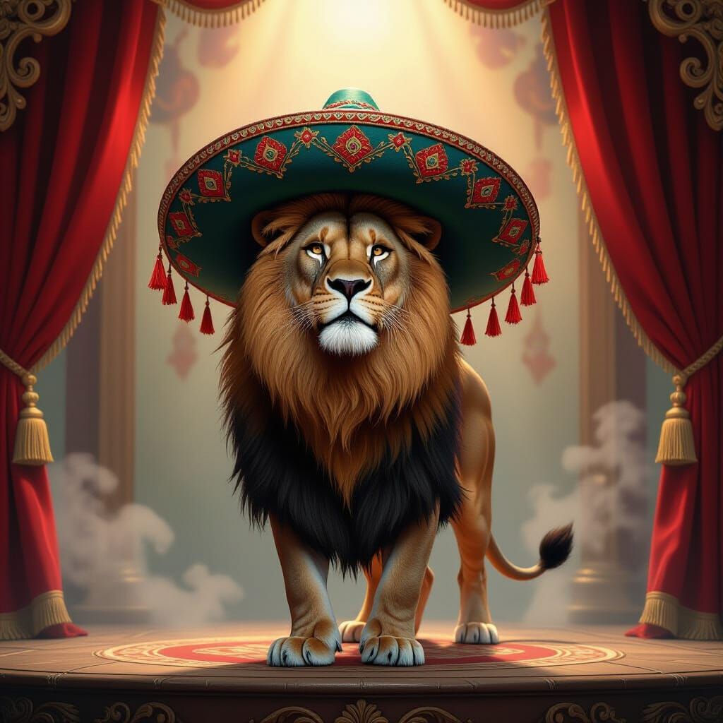 Lion in Sombrero on Cabaret Stage in Baroque Style