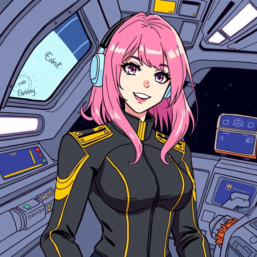 Pink Haired Space Captain in Alcohol Line Art Style