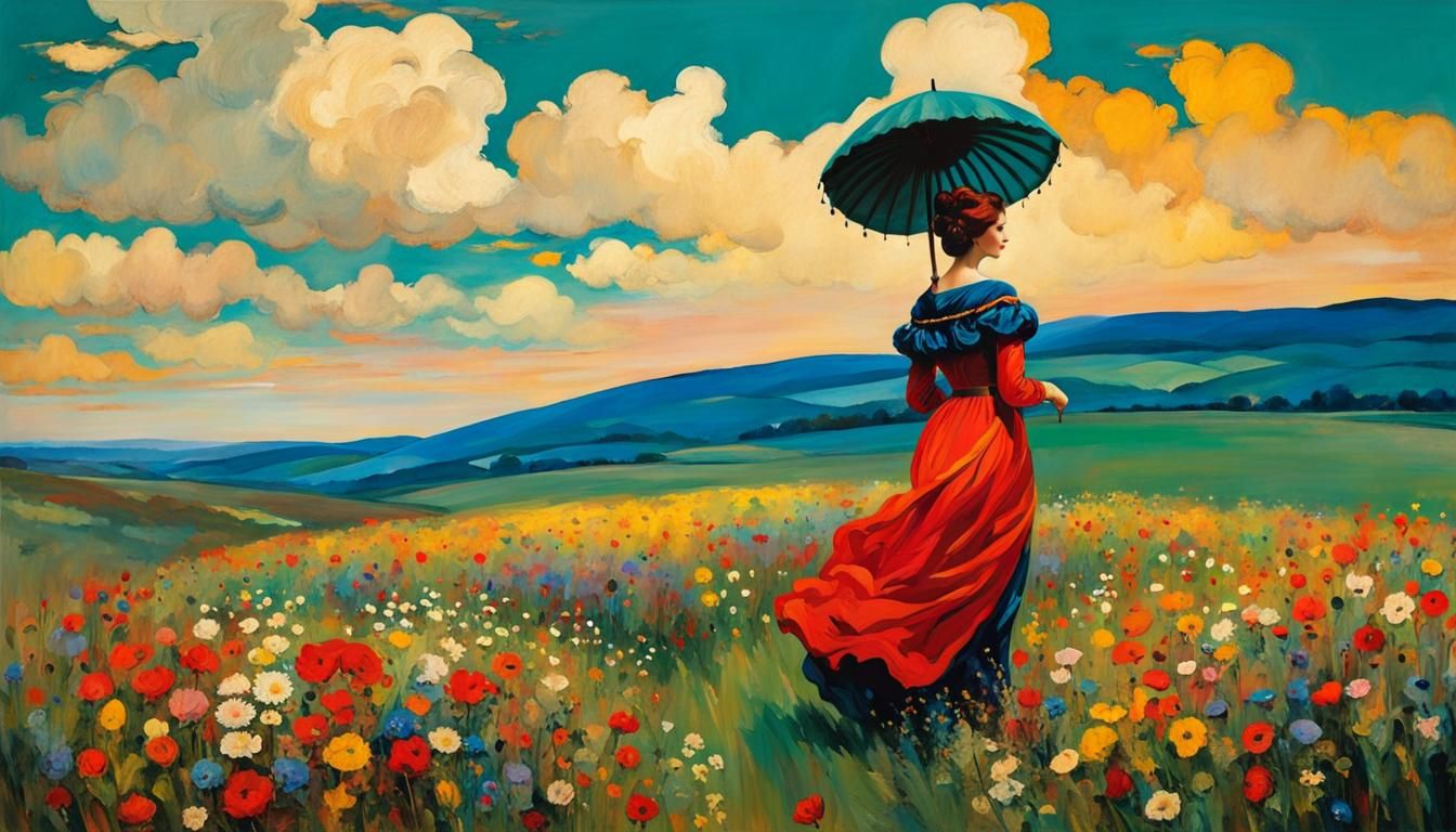 Woman in Wildflower Field, Rococo Parasol, Minimalist Style