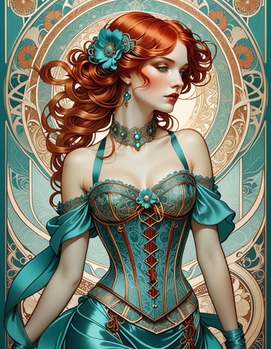 Art Deco Woman in Turquoise Corset