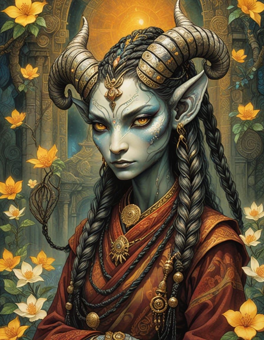 Golden Pointillism Fantasy Hybrid in Mysterious Temple