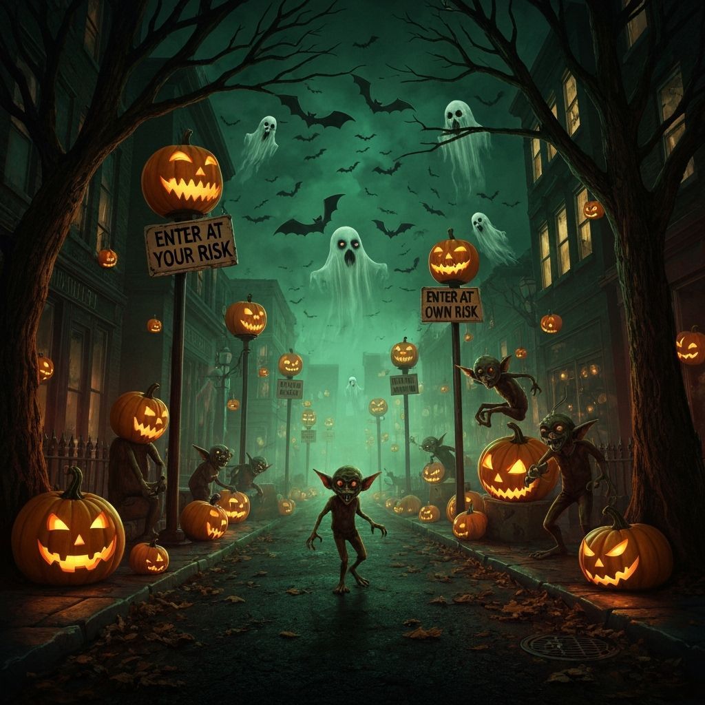 Spooky Halloween Street With Gremlins and Jack-o-Lanterns