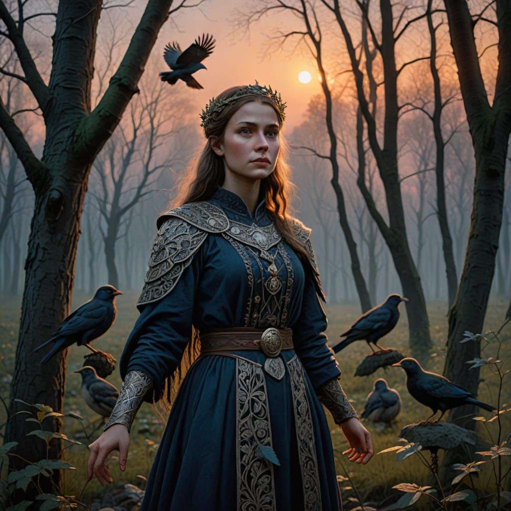 Radiant Slavic Bird-Woman in Twilight Grove
