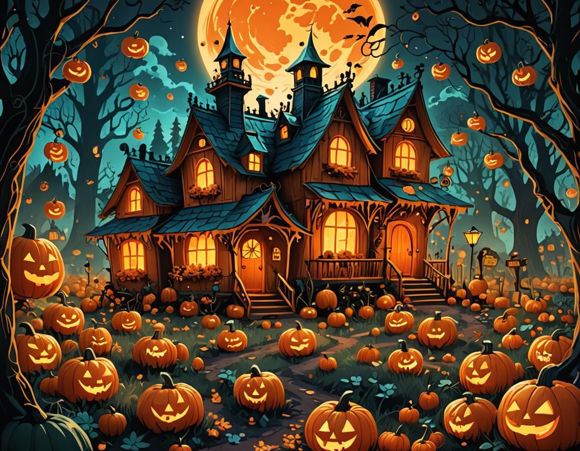 Flaming Pumpkin House in Bioluminescent Forest