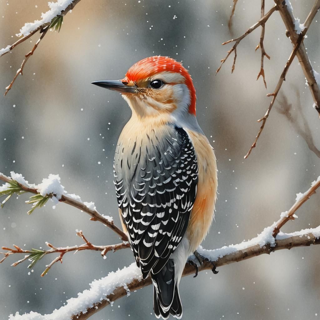 Red-Bellied Woodpecker in Snow, Watercolor Illustration