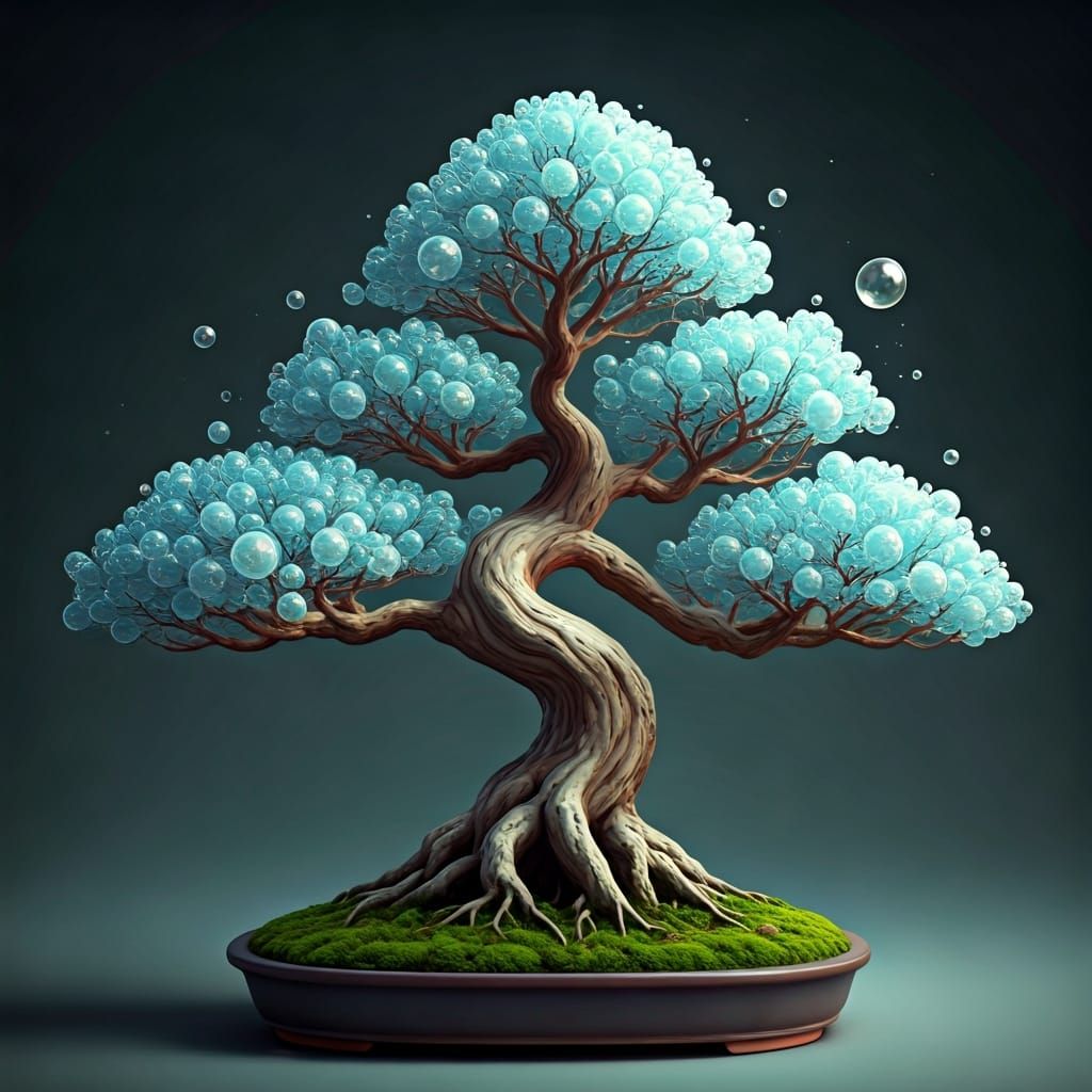 Bonsai Tree with Bubble Leaves: Dreamlike Still Life