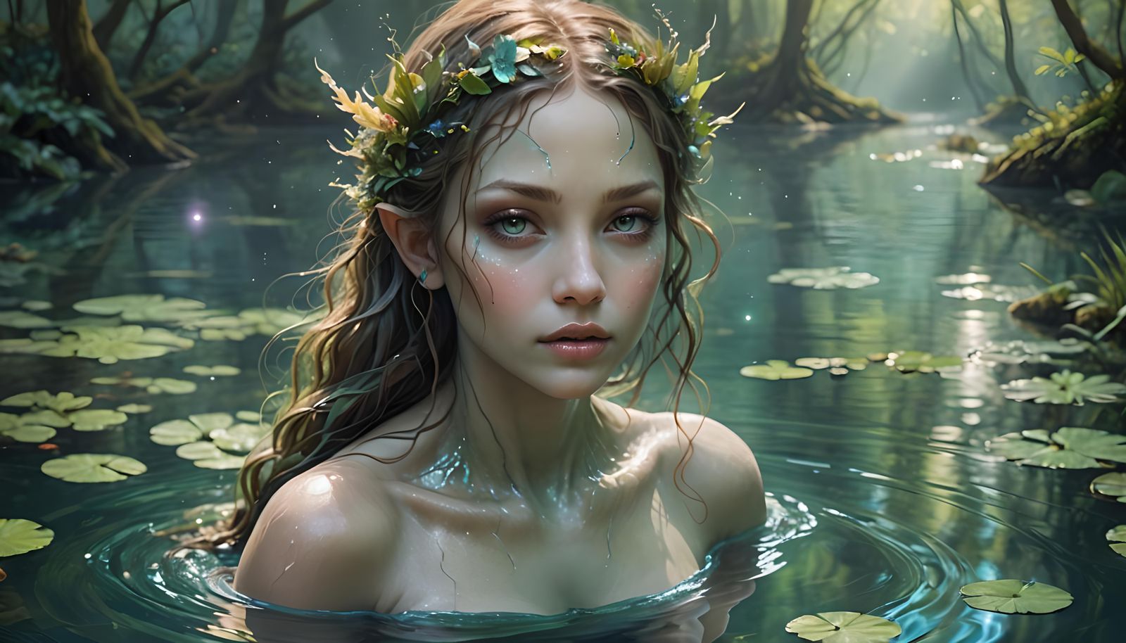 Enchanted Naiad in Mystical Forest Pond