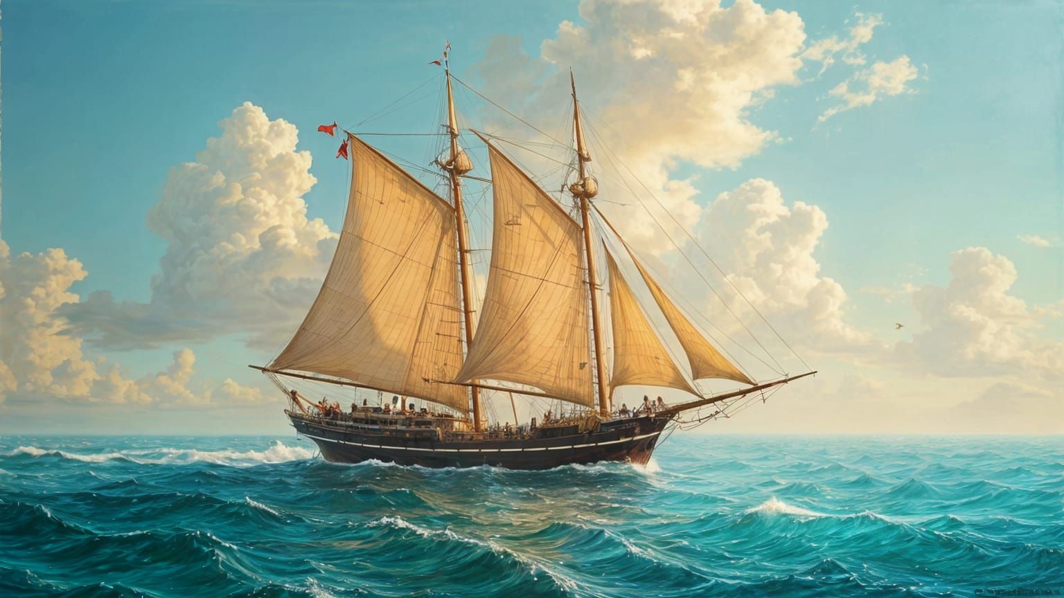 Old Sail Ship on Calm Sea: Oil Painting