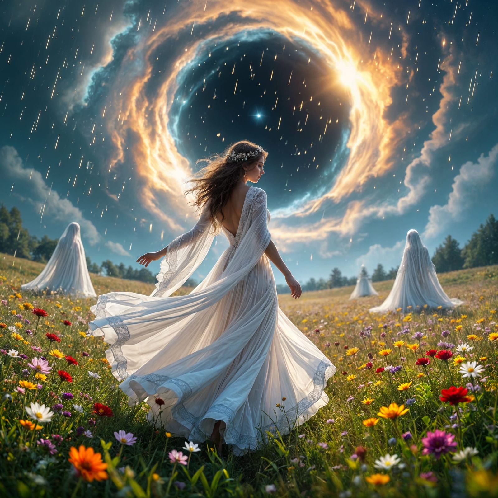 Ethereal Woman Dancing Under Cosmic Black Hole