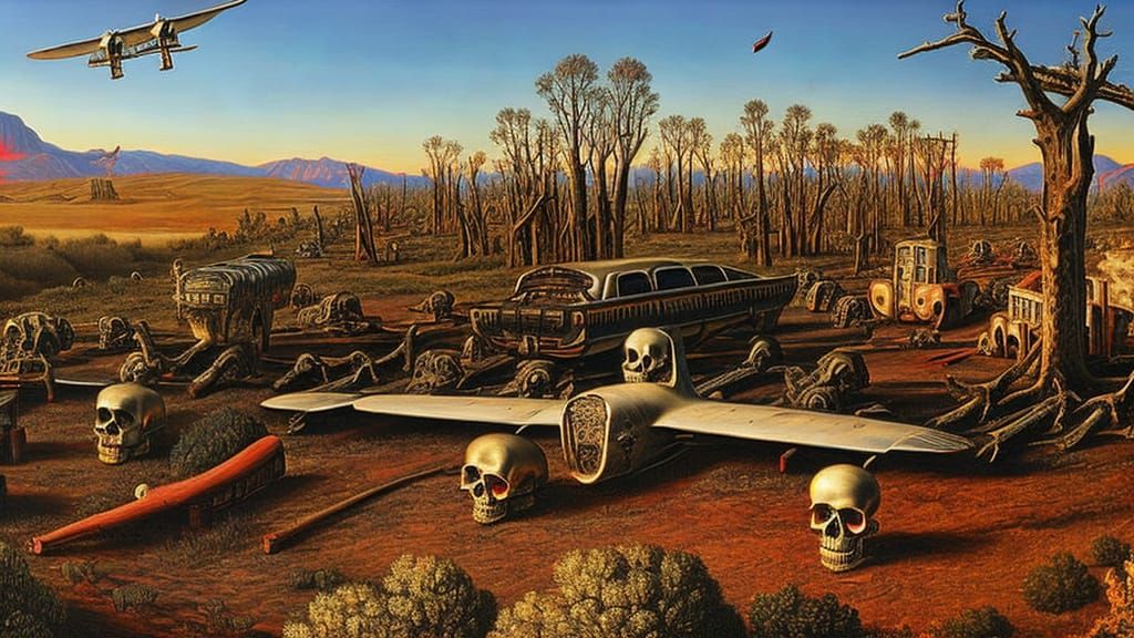 Apocalyptic Horror Landscape with Skulls and Wreckage