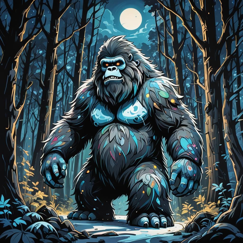 Cartoon Yeti in Forest, Dreamy Graffiti Art