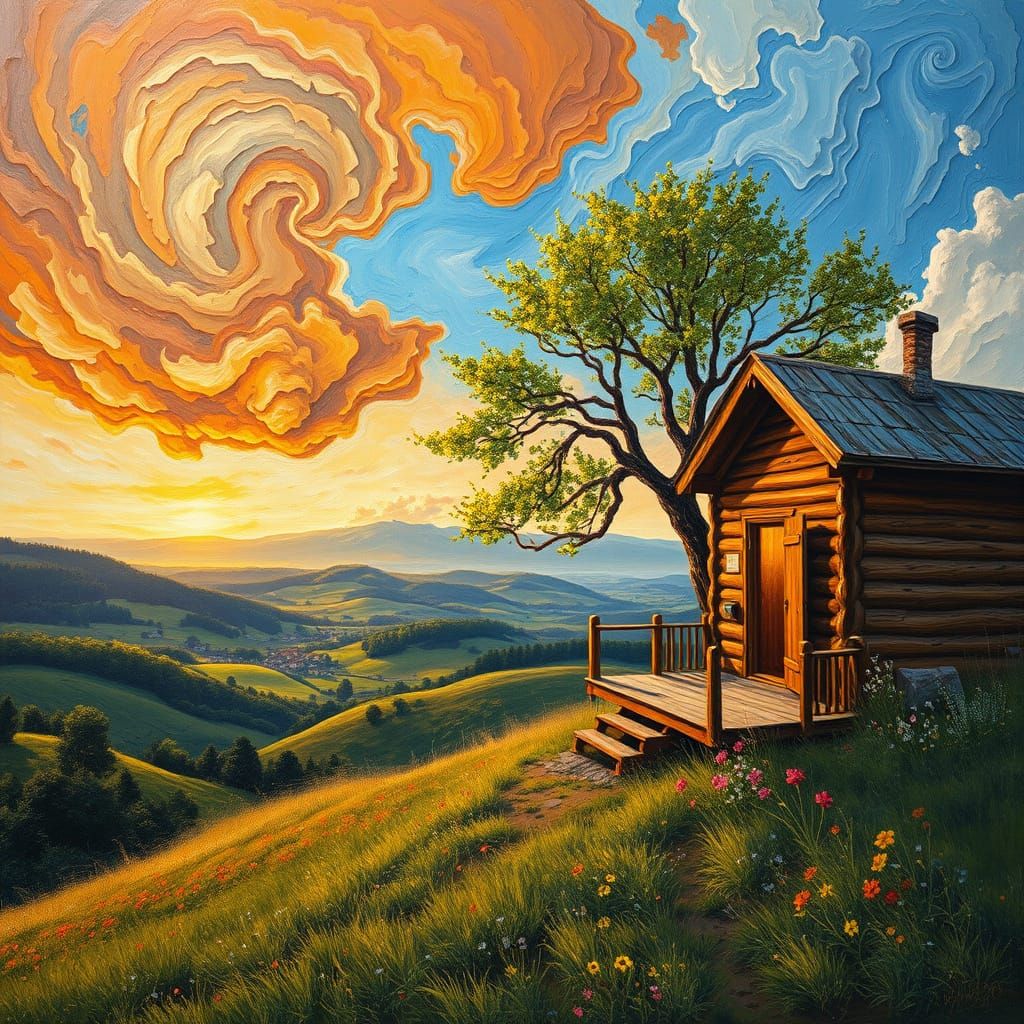 Vibrant Oil Painting of Cozy Cabin Amidst Spring Meadow Land...