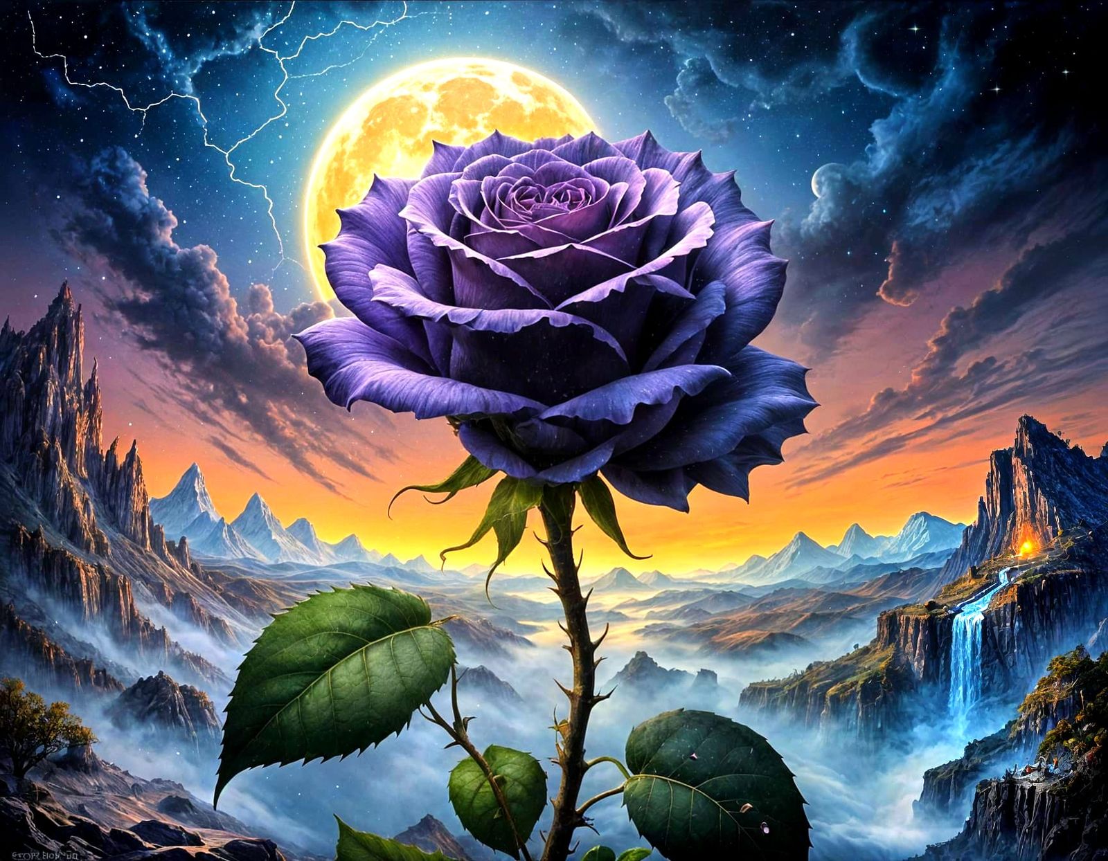 Ethereal Rose Blooms Under Cracked Celestial Moon