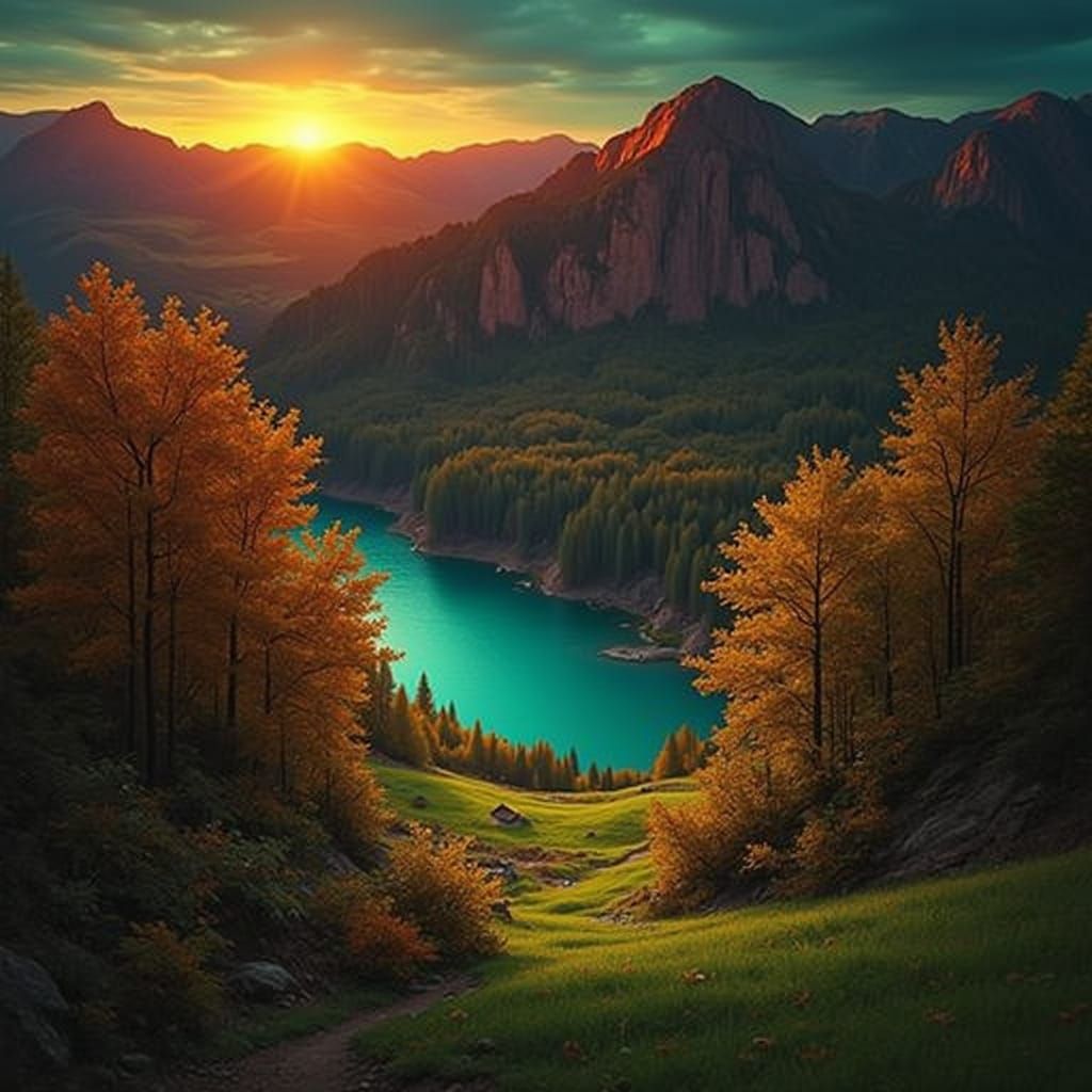 Lustrous Sky Over Golden Leafed Trees and Colorful Mountains