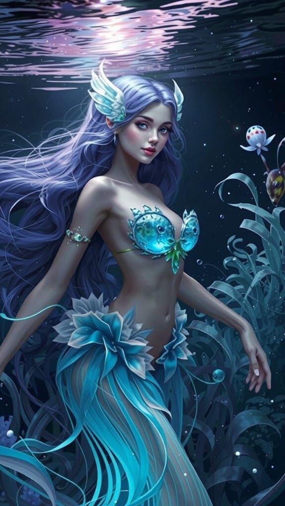 Undine in a Sunlit Underwater Scene, in Whimsical Watercolor...