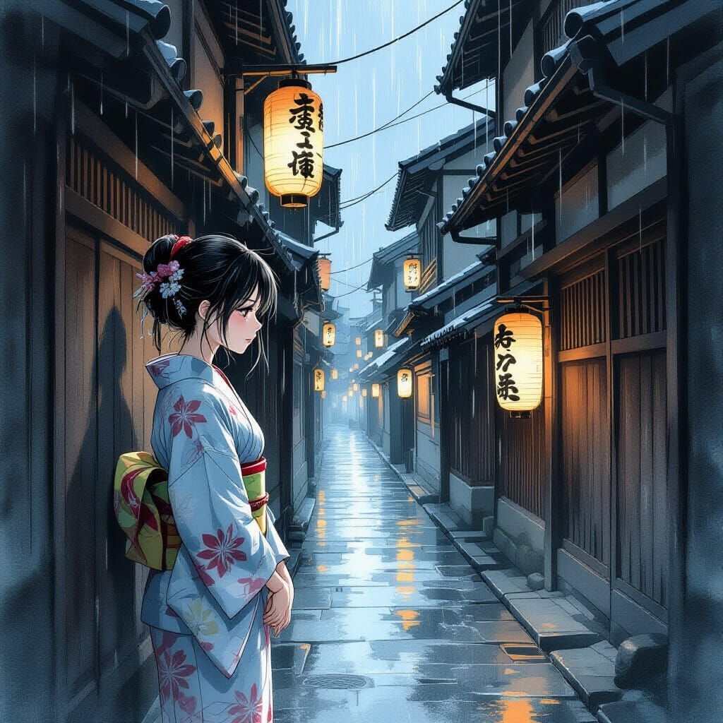 Japanese Woman in Rainy Alleyway, Charcoal Art