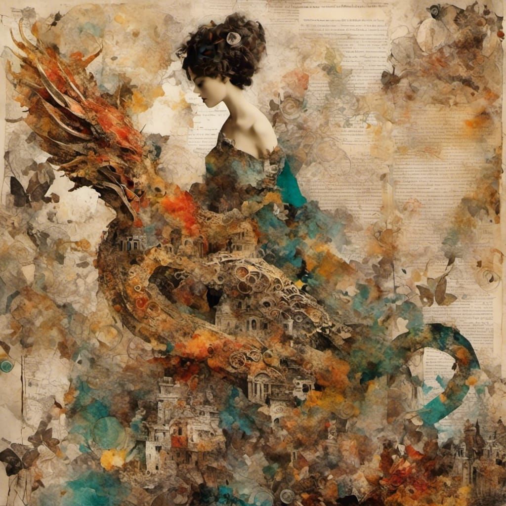 Empress Supported by Dragon: Mixed-Media Collage