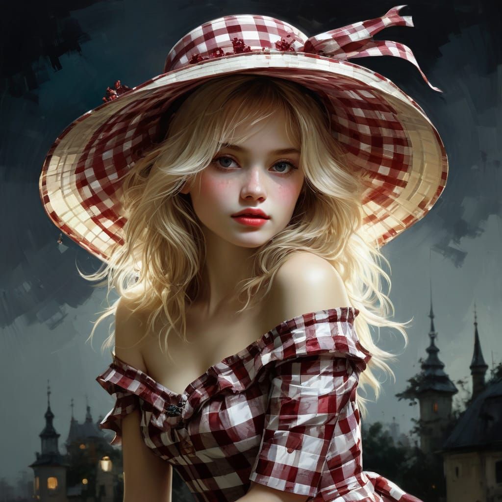 beautiful blonde woman in garnet /mother of pearl Gingham Pr...