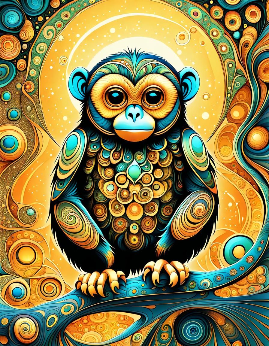 Psychedelic Owl Monkey in Fractal Line Art