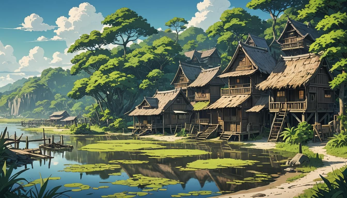 Anime Village Between Beach and Swamp