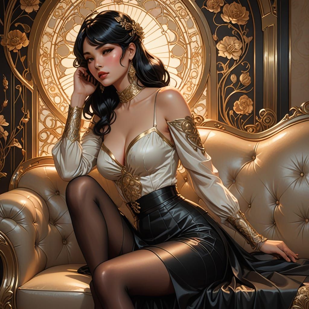 Sultry Art Nouveau Pin-Up in Luxurious Anime Style