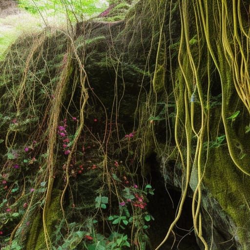 Colorful Vines Adorn Winter Cave Mouth