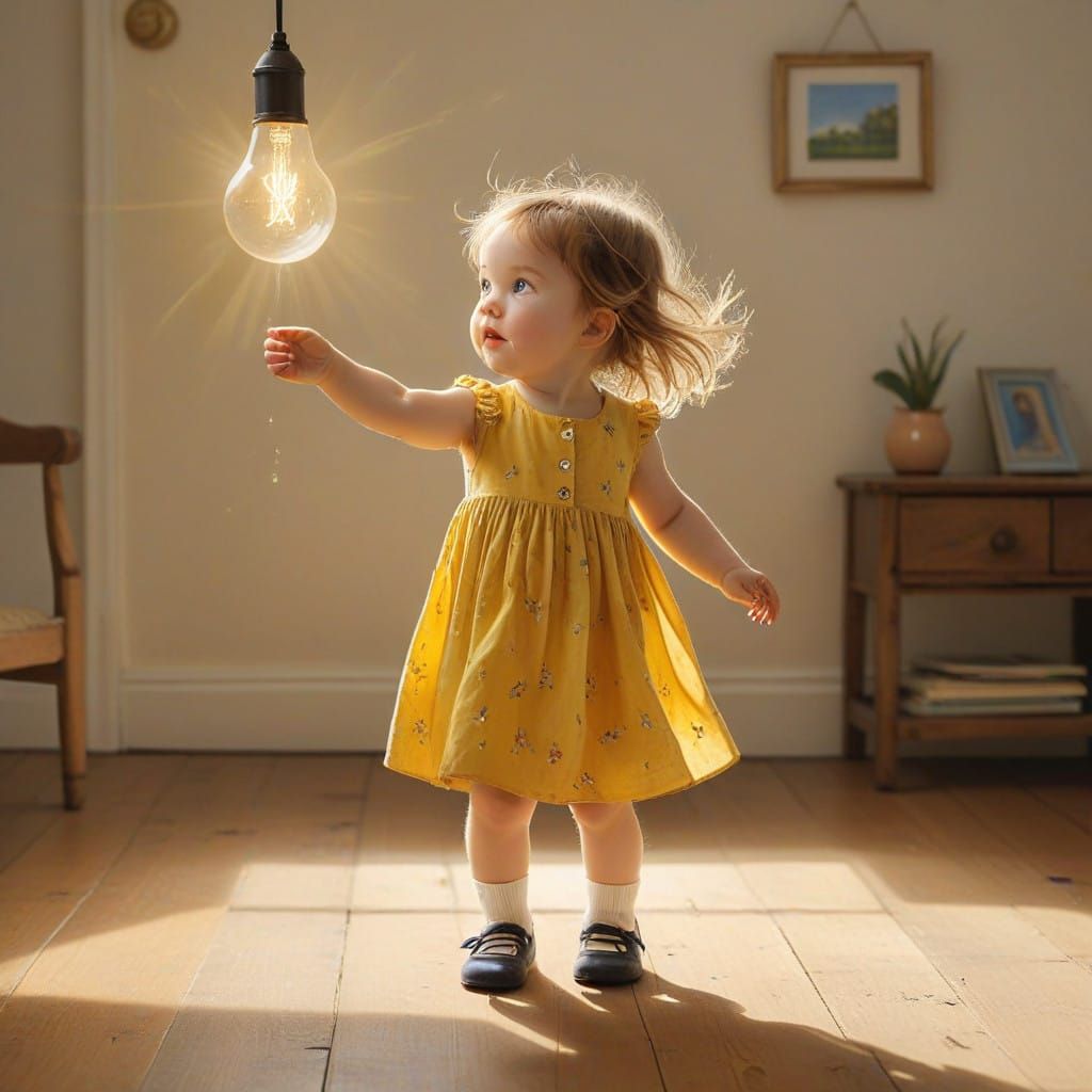 Child in Awe with Glowing Light Bulb in Whimsical, Dreamy Sc...