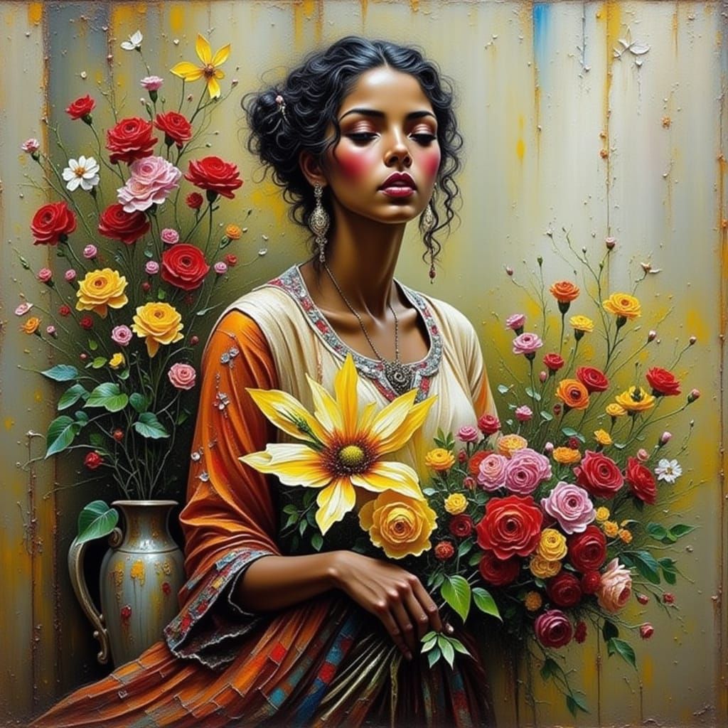 Impasto Painting: Beautiful Woman Selling Flowers