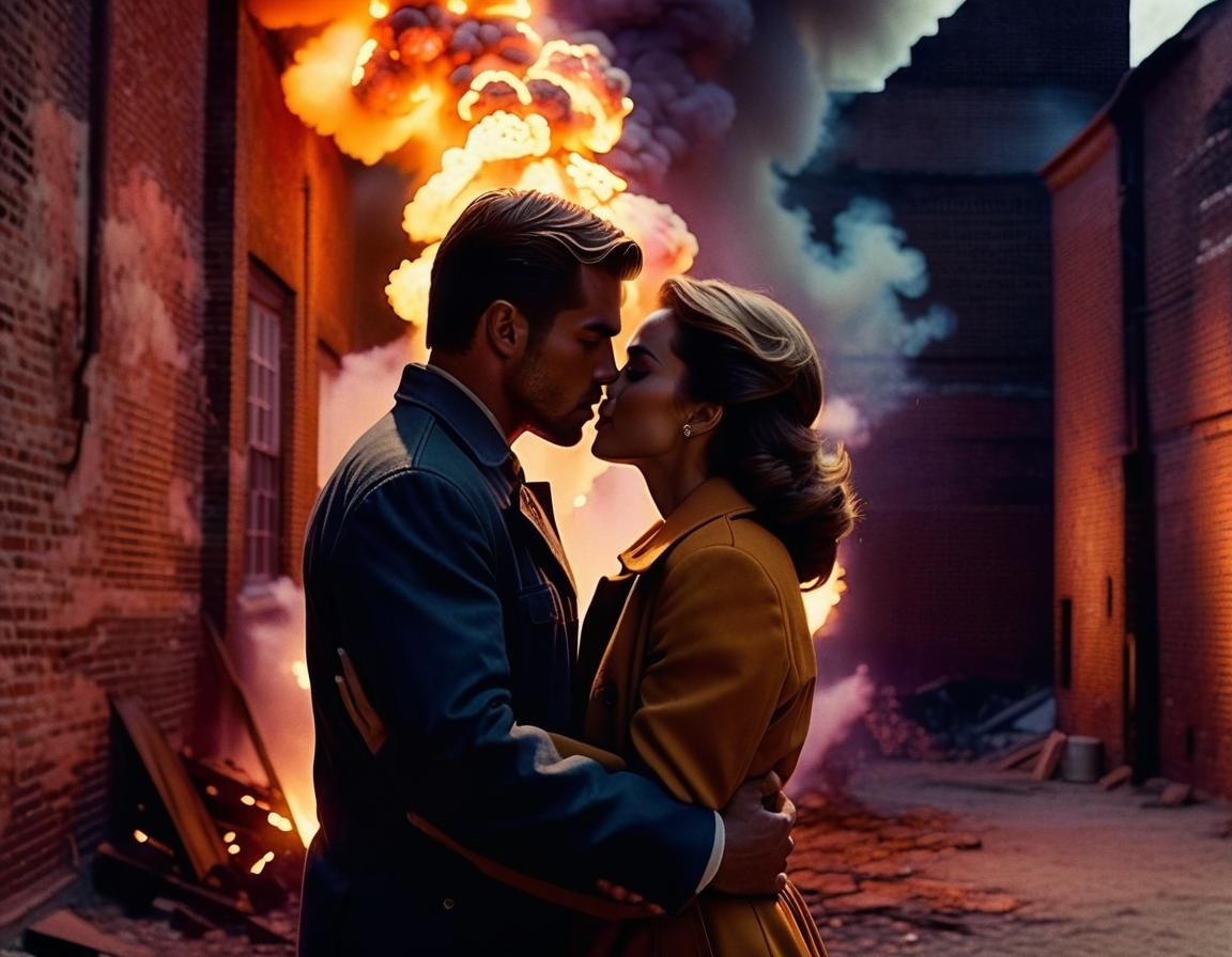 Explosive Love: A Vintage Cinematic Kiss