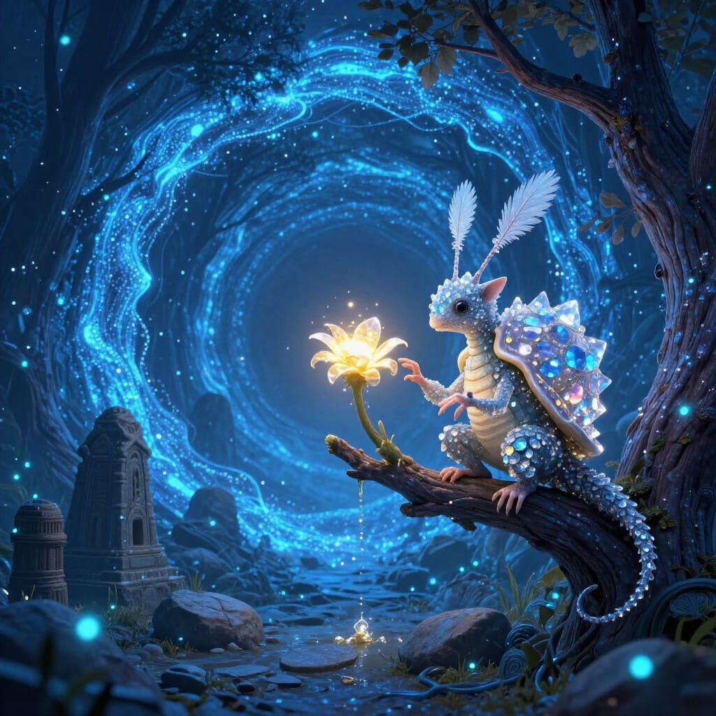 Magical Tunnel World with Crystal Creature and Glowing Necta...