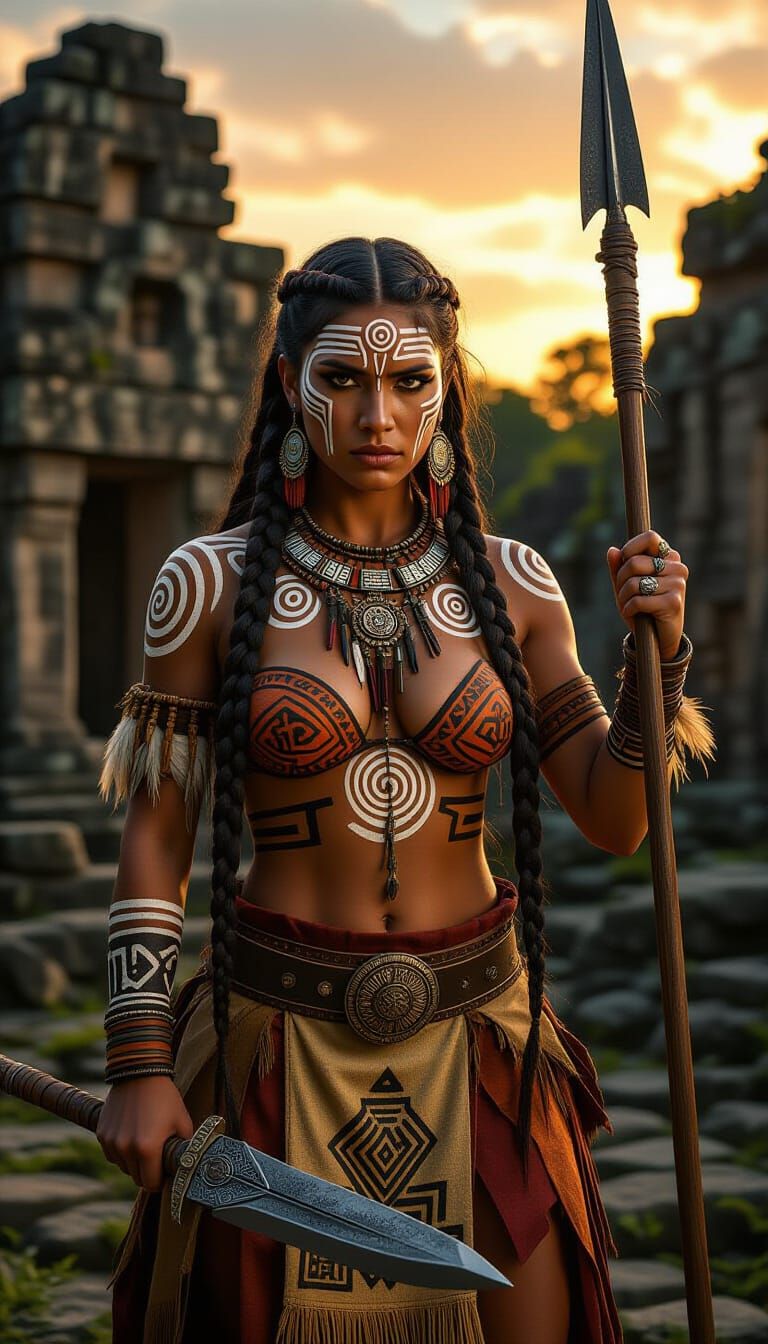 Tribal Warrior Woman in Mesoamerican Ruins at Sunset