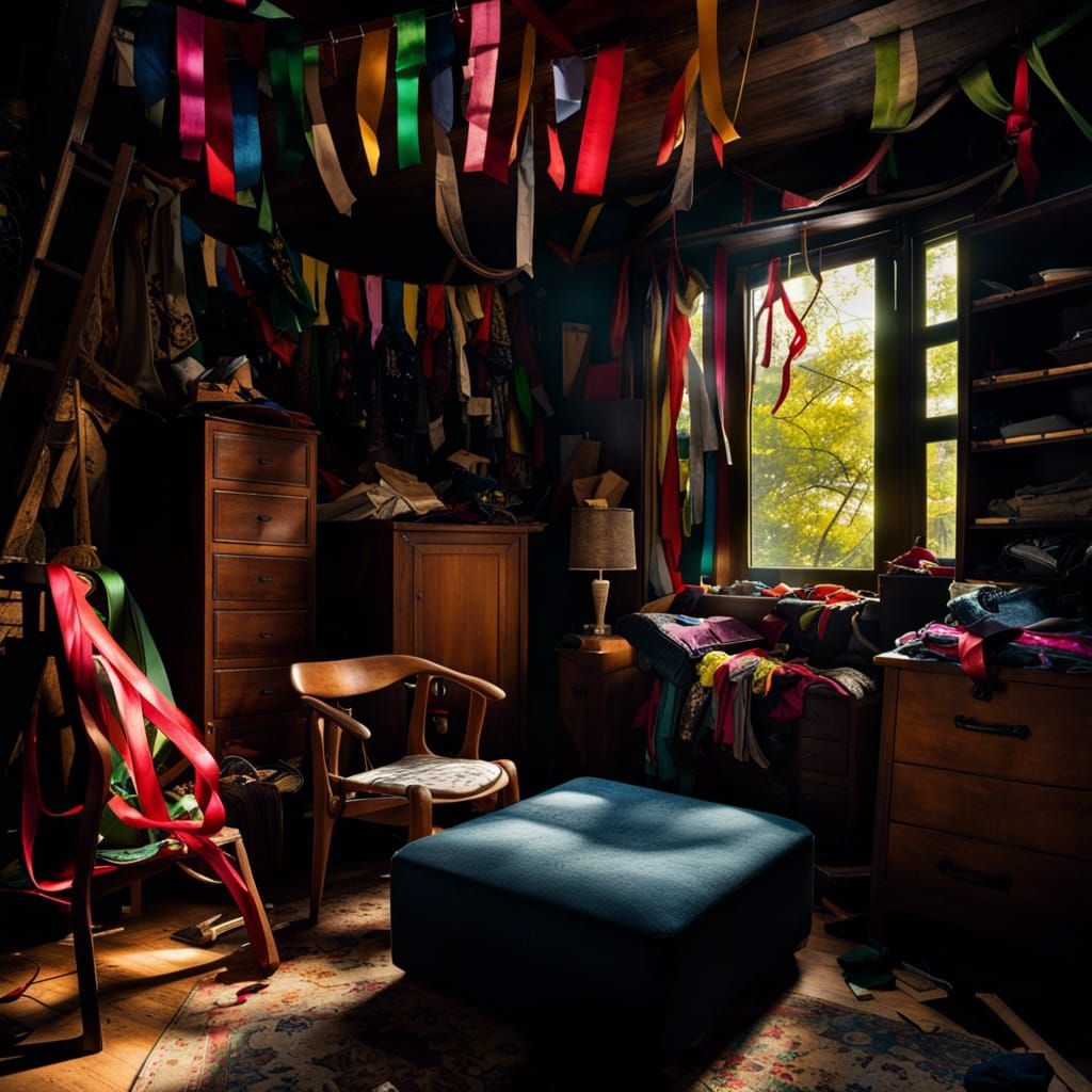 Cluttered Storage Closet at Night with Colorful Ribbons