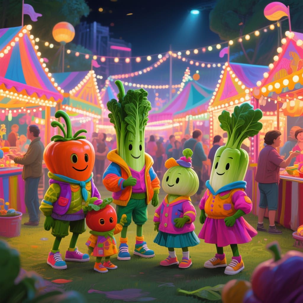 Vegetable Characters at a Family Carnival