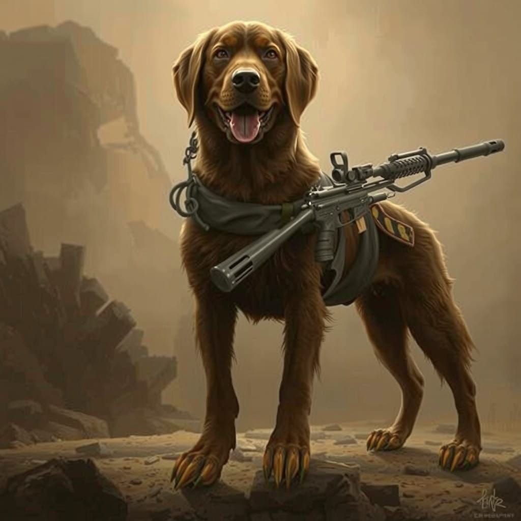 Hyper-Realistic Rambo-Inspired Dog in Machine Gun Detail, 8K...
