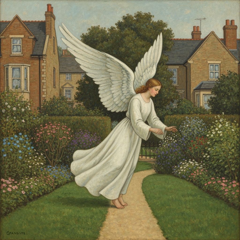Angel Landing in English Garden, Stanley Spencer Style