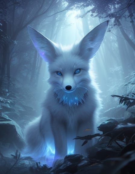 Bioluminescent Fox Stalks Crystal Forest in Pencil Sketch