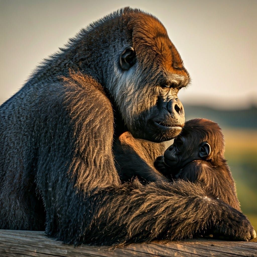 Gorilla and Baby Sleeping at Sunset Portrait