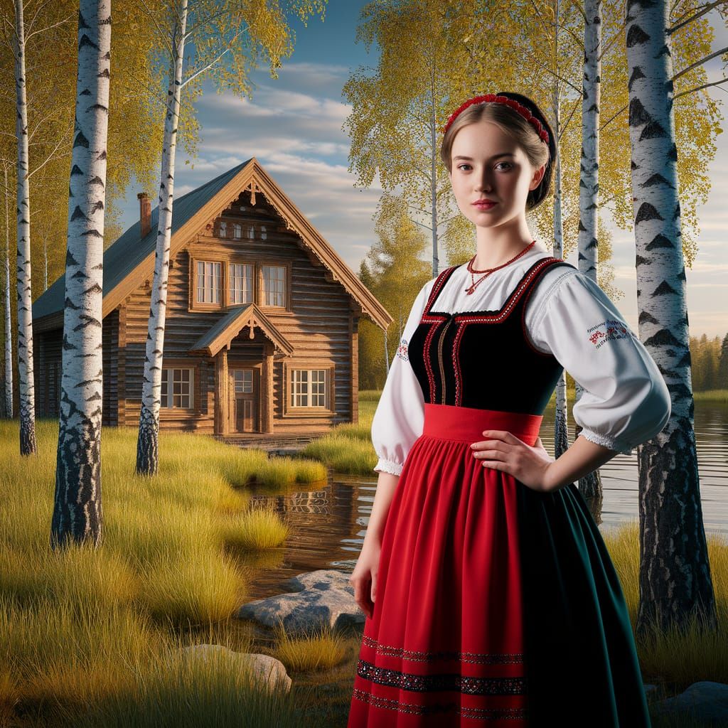 Lithuanian Woman in Birch Forest by Lake