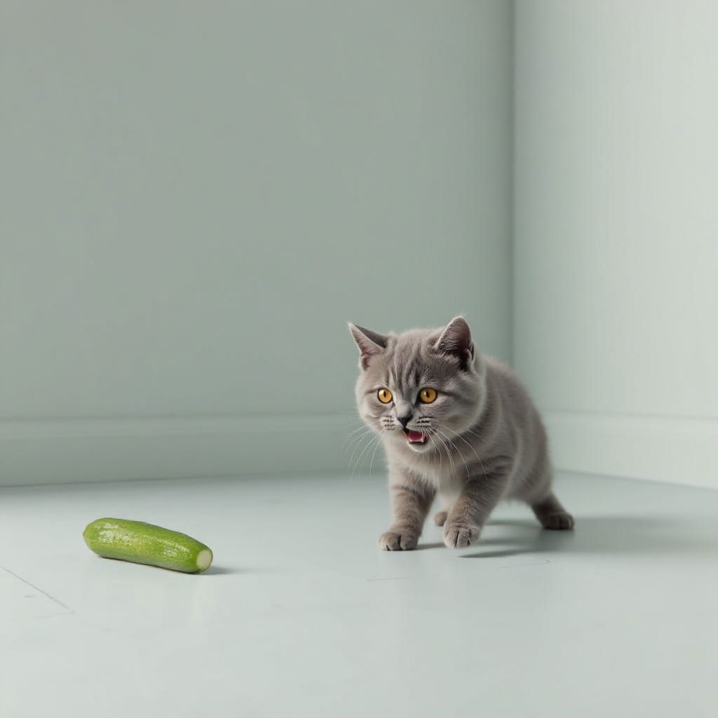 Scared Fluffy Cat Jumps from Cucumber in Minimalist Home